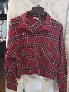 Red Plaid Button-Up Cropped Shirt